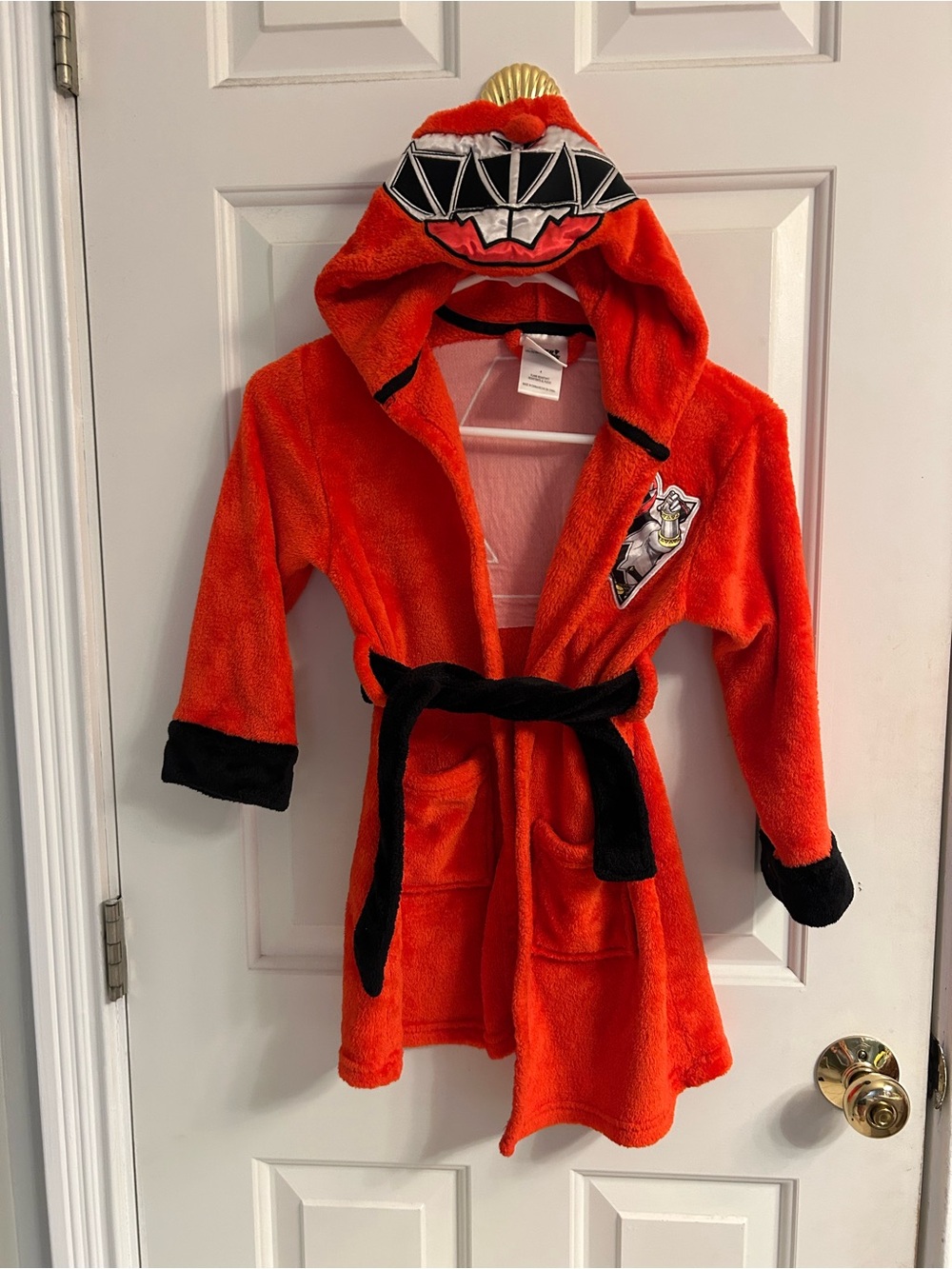 Boys Power Ranger Red Plush Hooded Robe with Black Trim